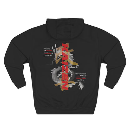 KAIZEN REBORN Hoodie in Black — back view showing hood and double-needle stitching