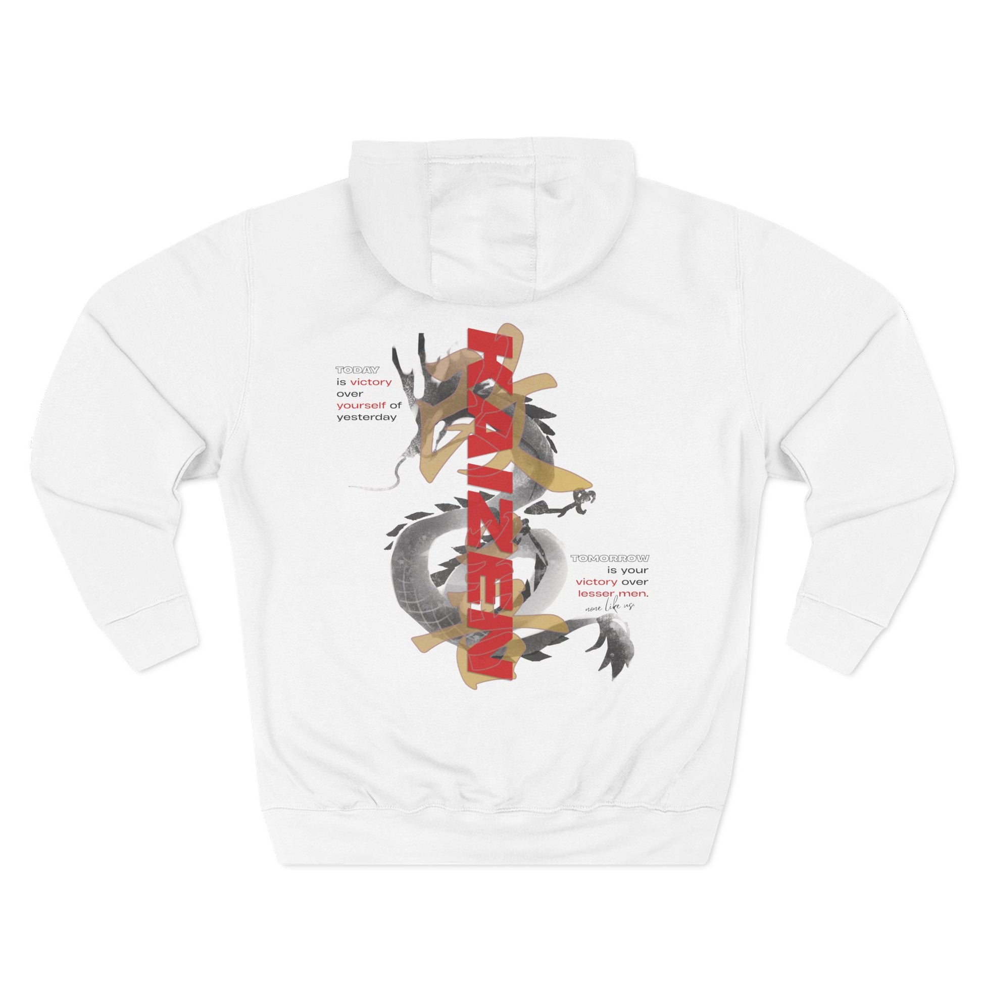 KAIZEN REBORN Hoodie in White — back view showing hood and double-needle stitching