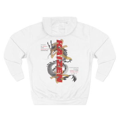 KAIZEN REBORN Hoodie in White — back view showing hood and double-needle stitching