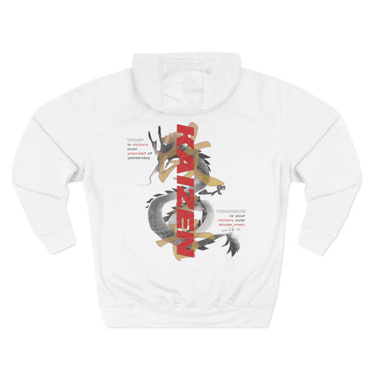 KAIZEN REBORN Hoodie in White — back view showing hood and double-needle stitching